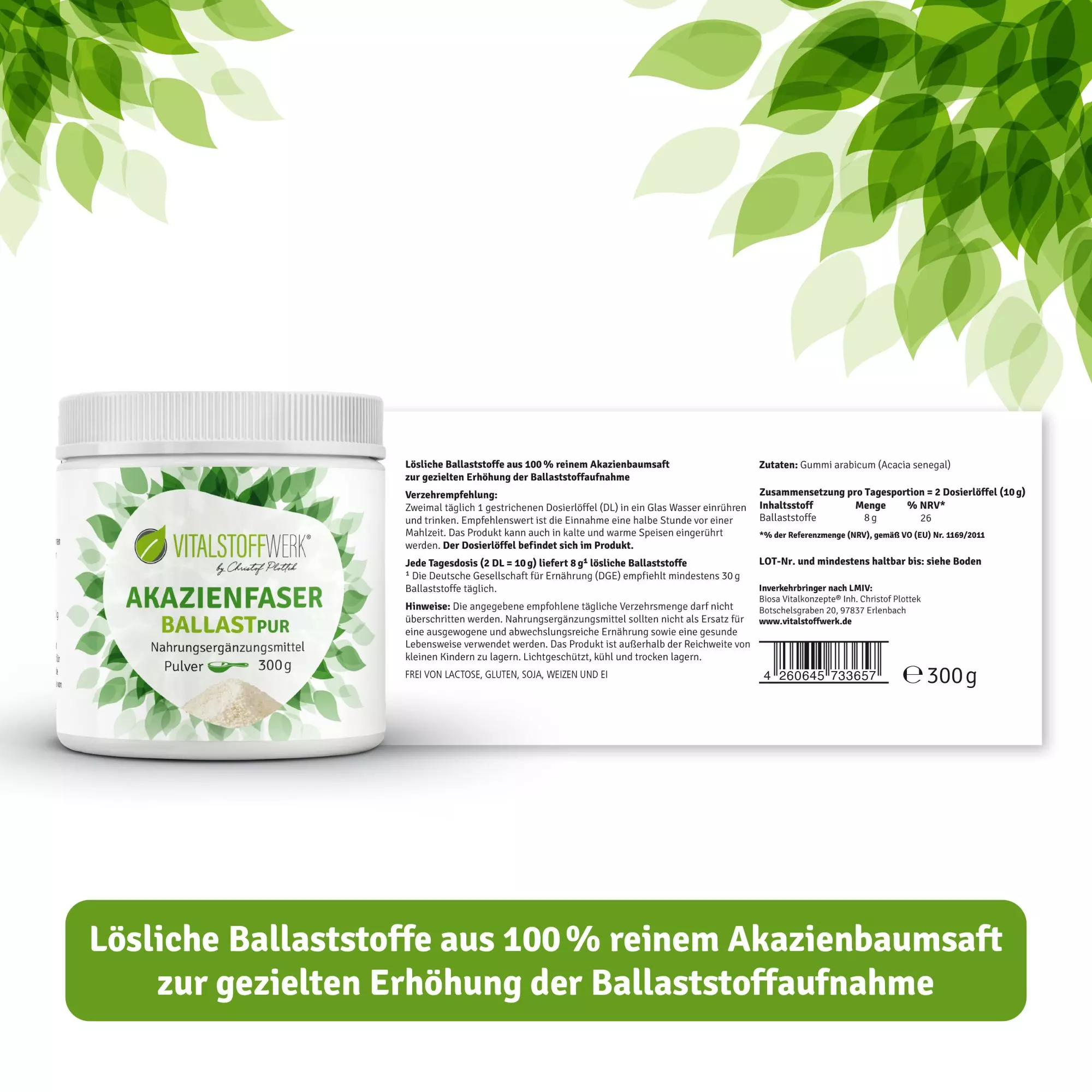 Akazienfaser_Pulver_300g_Vitalstoffwerk_Etikett, Kräuterig, Kräuter, Werbung, Plakat, Blatt