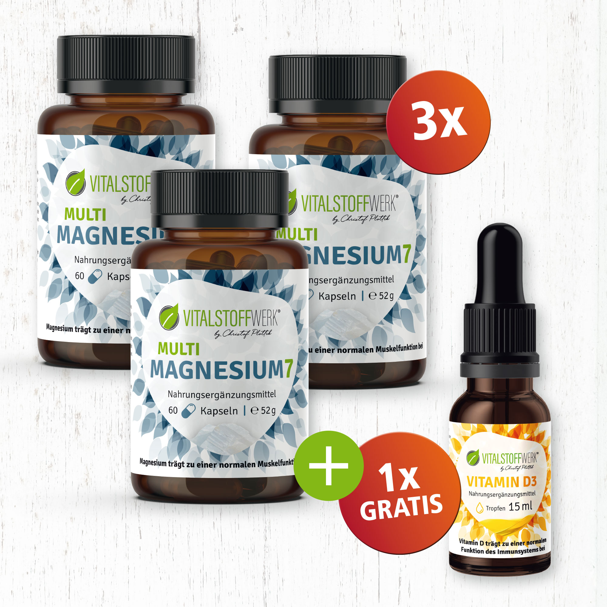 Magnesium, Magnesium-Ergänzung, Kapseln, Nahrungsergänzung, Vitamin D3 Fläschchen
