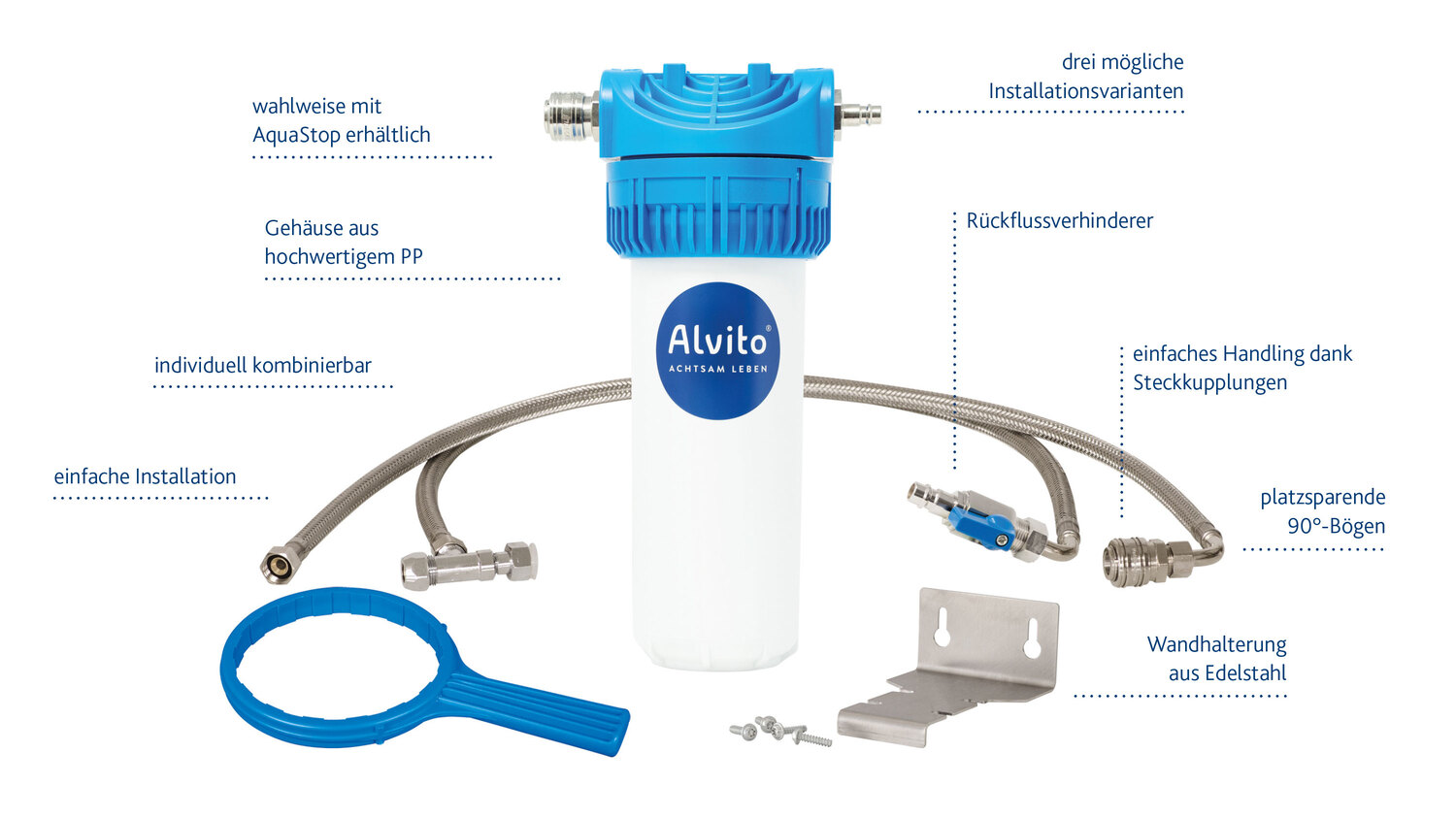 Wasserfilter, Kaltwasserfilter, PP-Gehäuse, Flexschlauch, Montageset