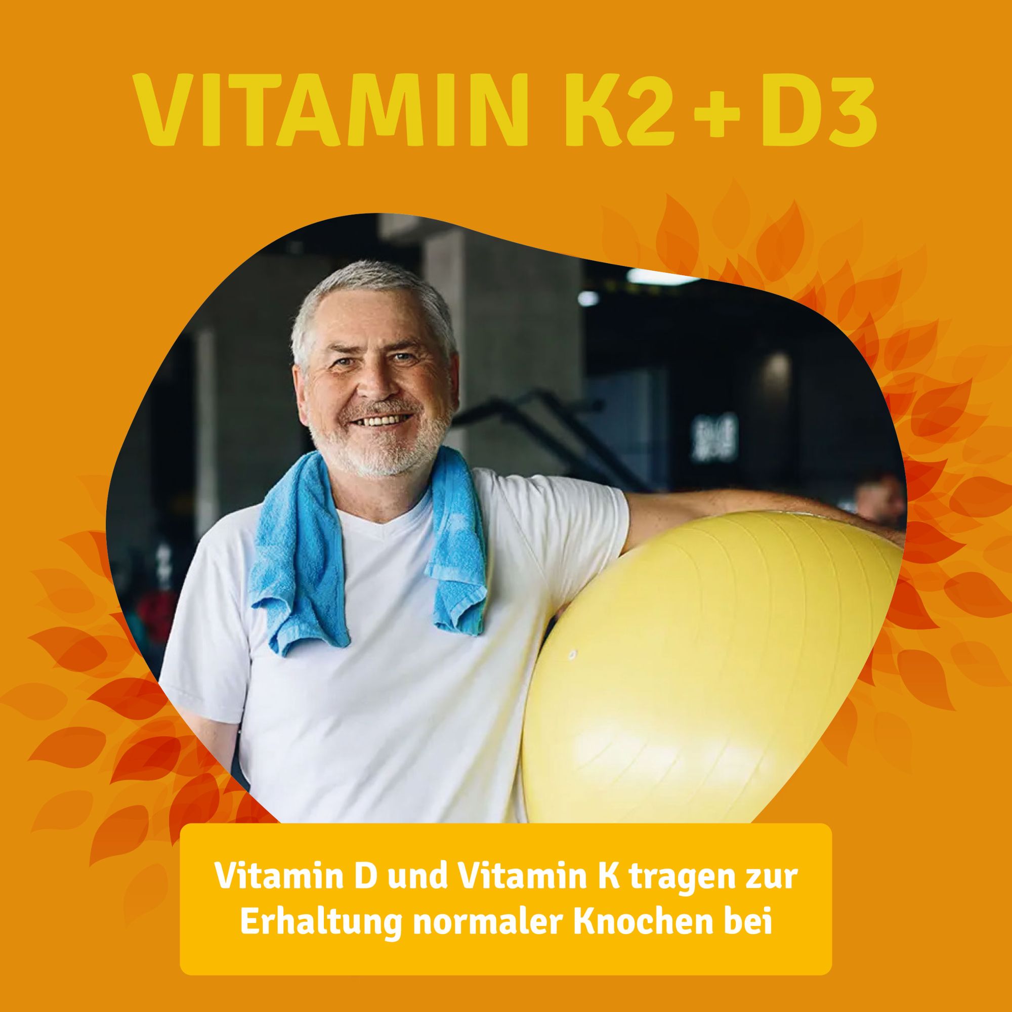 Vitamin-K2+D3_Tropfen_15ml_Knochen Vitamin-K2+D3_Tropfen_15ml_Knochen, Werbung, Plakat, Erwachsener, Mann, Person