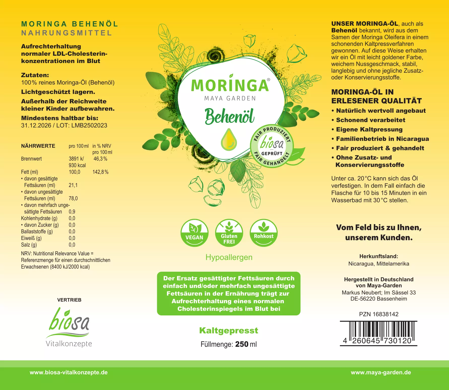 moringa öl kaufen behenöl 250ml etikett nährwerte