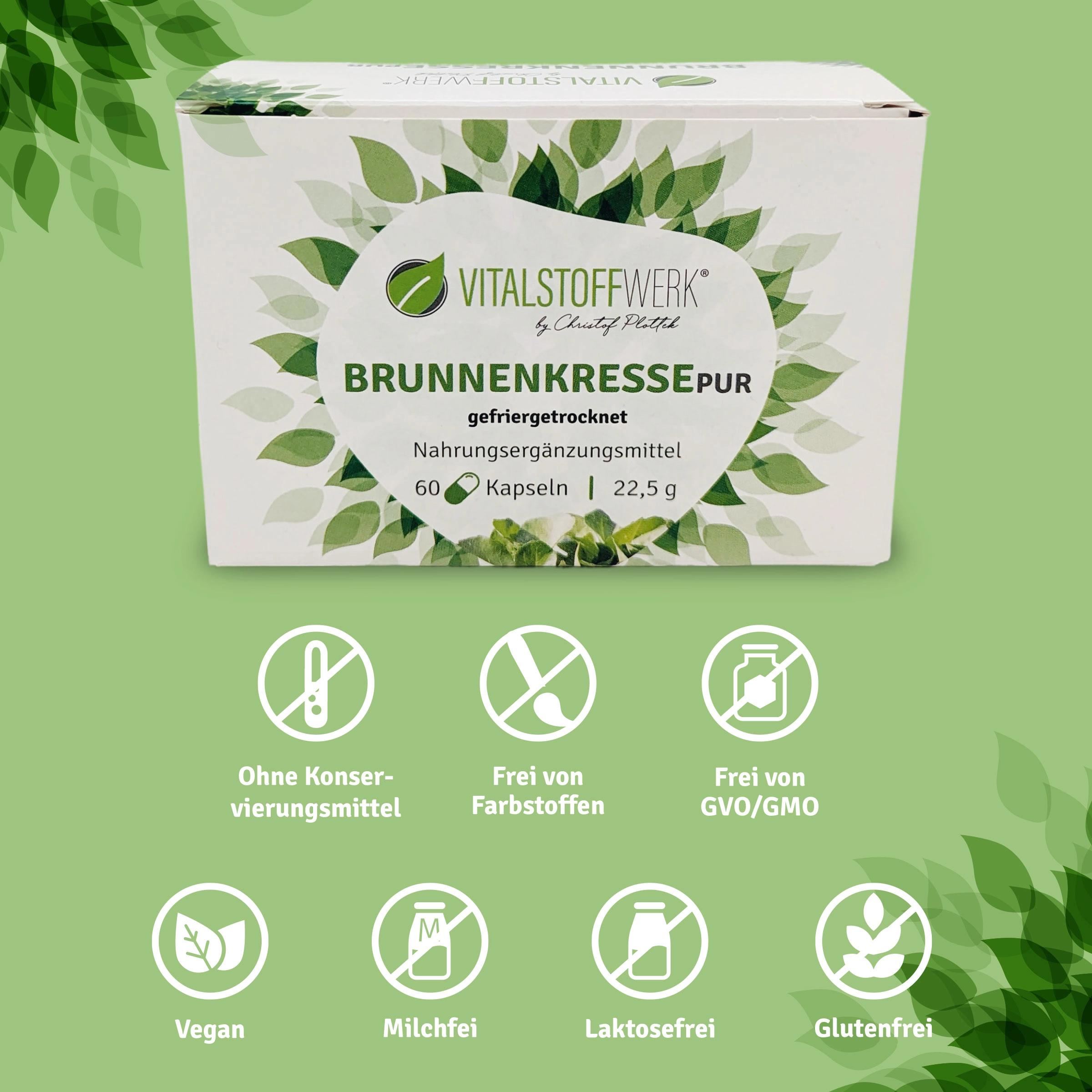 Brunnenkresse_Kapseln_kaufen_Vorteile, Brunnenkresse, gefriergetrocknet, Nahrungsergänzung, Kapseln, 60 Stück