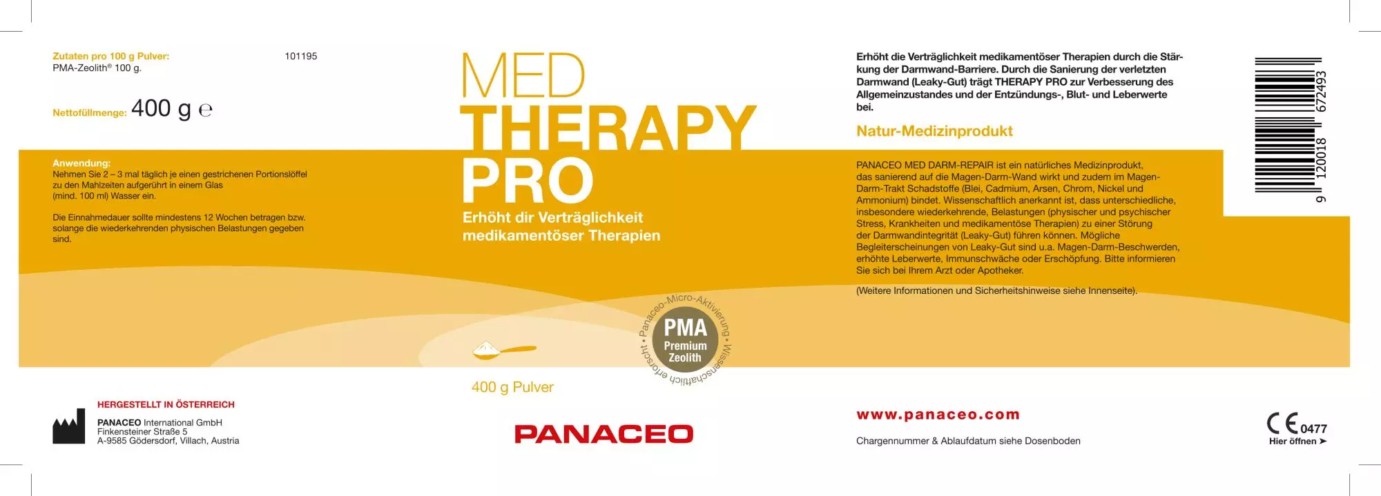 Zeolith_Pulver_kaufen_Panaceo_MED-THERAPY-PRO_Pulver_400g_Etikett_Seite1