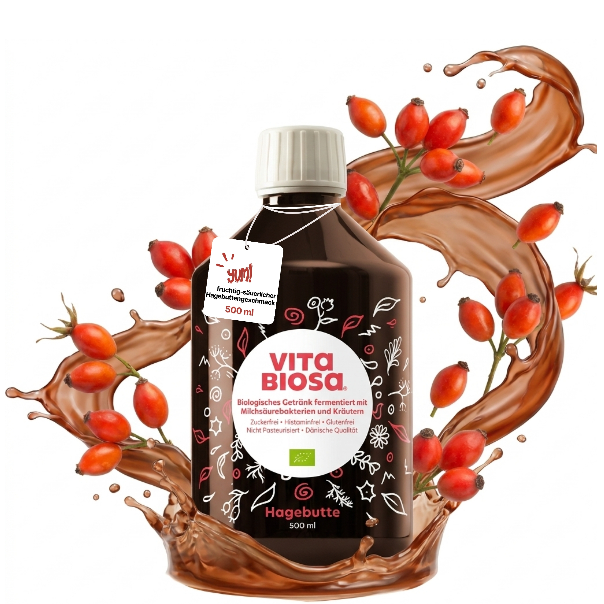 Vita Biosa Hagebutte 500ml Milchsaeurebakterien kaufen front, Hagebutte, Hagebuttenbutter, Hagebutte-Getränk, Bio-Getränk, 100% pflanzlich