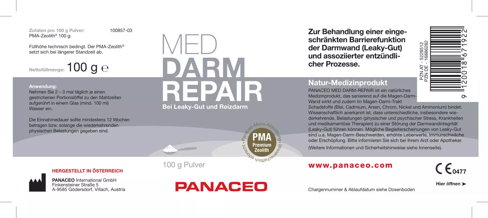 Zeolith_Pulver_Kaufen_Panaceo_MED_Darm_Repair_Pulver_100g_Etikett_Seite1
