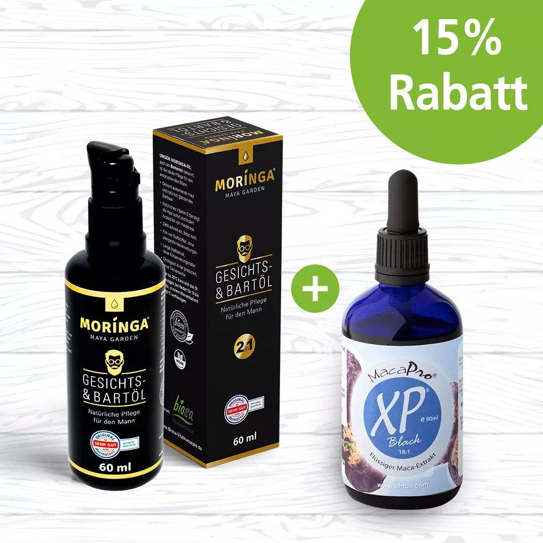 Kombi-Angebot für Männer: Moringa Gesichts-und Bartöl 60ml & Maca XP Black 90ml Kombi-Angebot für Männer: Moringa Gesichts-und Bartöl 60ml & Maca XP Black 90ml