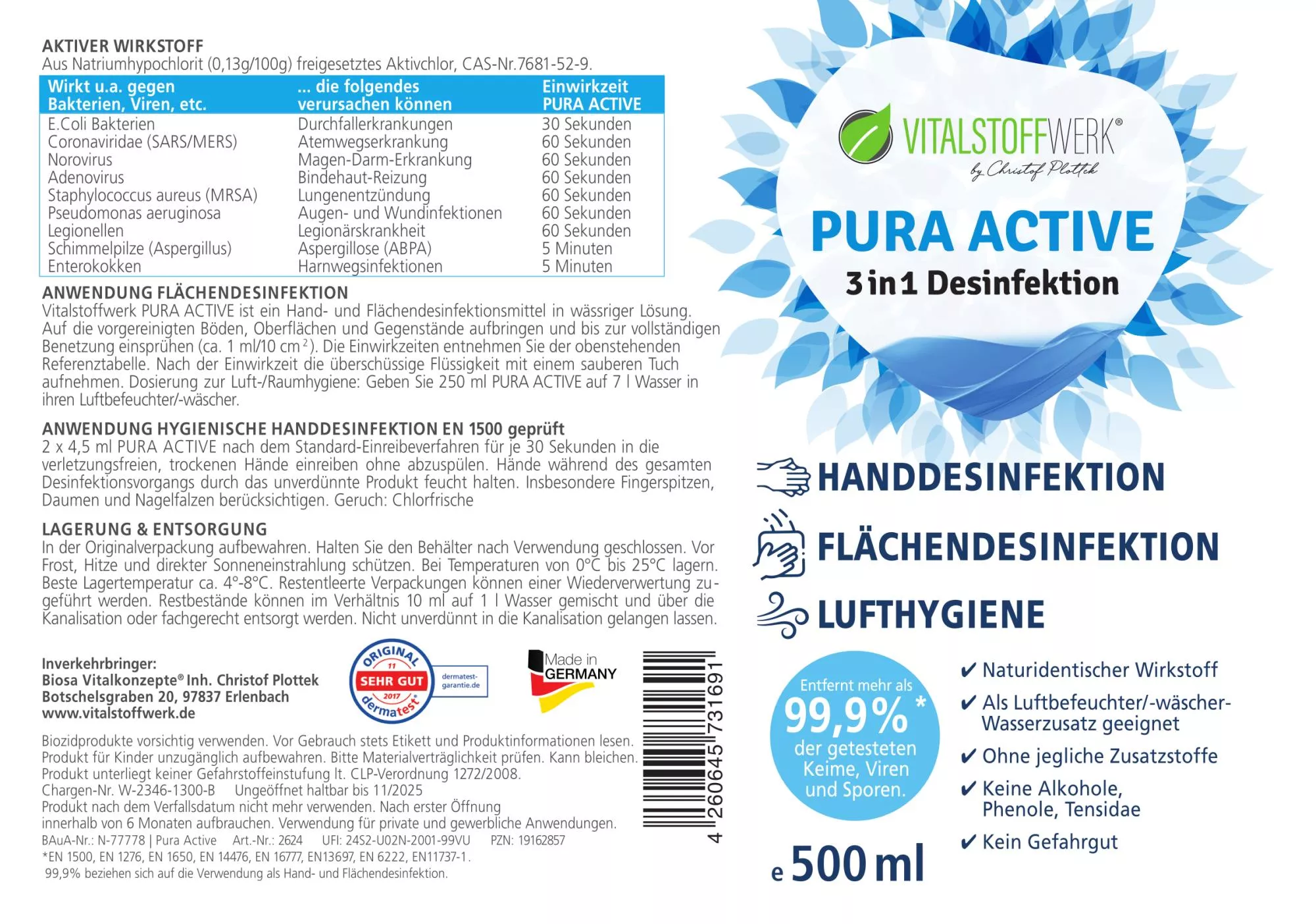Händedesinfektion kaufen Flächendesinfektion Pura Active Etikett Vitalstoffwerk