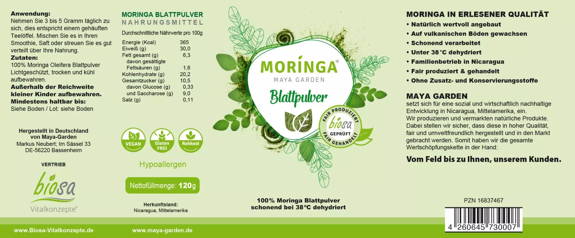Moringa Pulver kaufen Blattpulver 120g Etikett