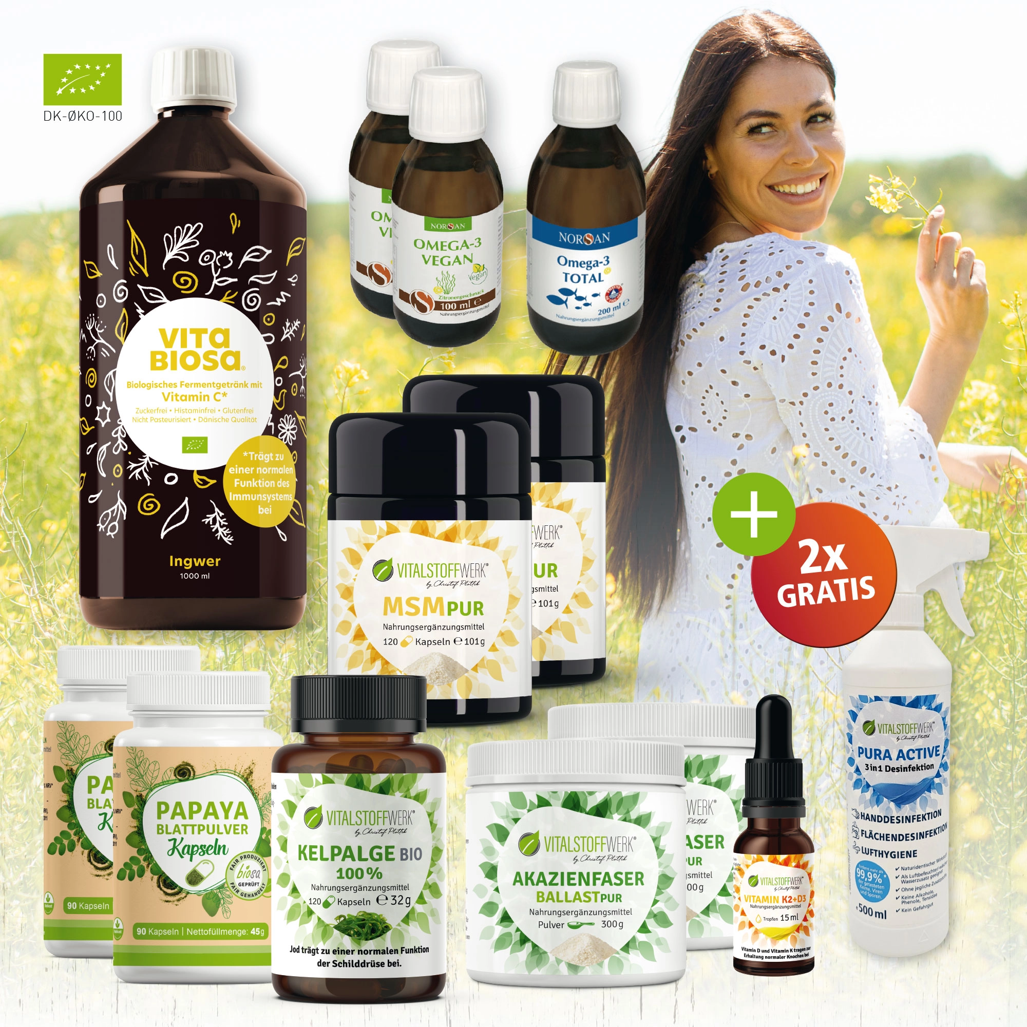 Frühlings Balance Komplettpaket Front, Vitalstoff, Omega-3, Kapseln, Flasche, Desinfektion