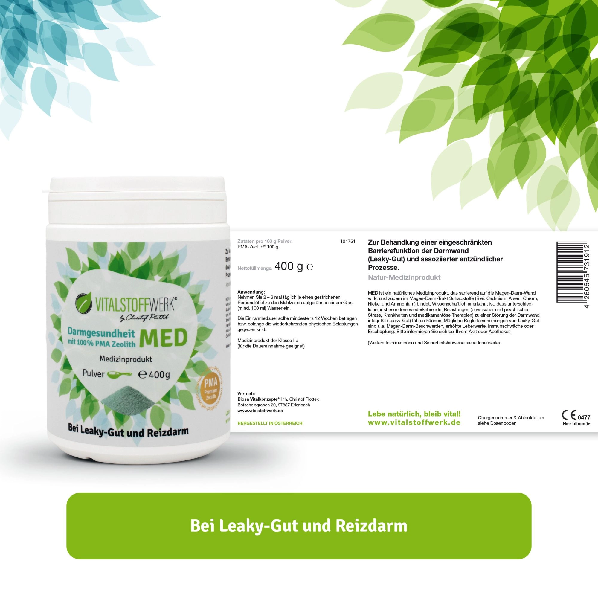 Zeolith_Pulver_kaufen_Darmgesundheit_Vitalstoffwerk_MED_400g_Etikett, Darmgesundheit, Pulver, Med, PMA Zeolith, Leaky-Gut