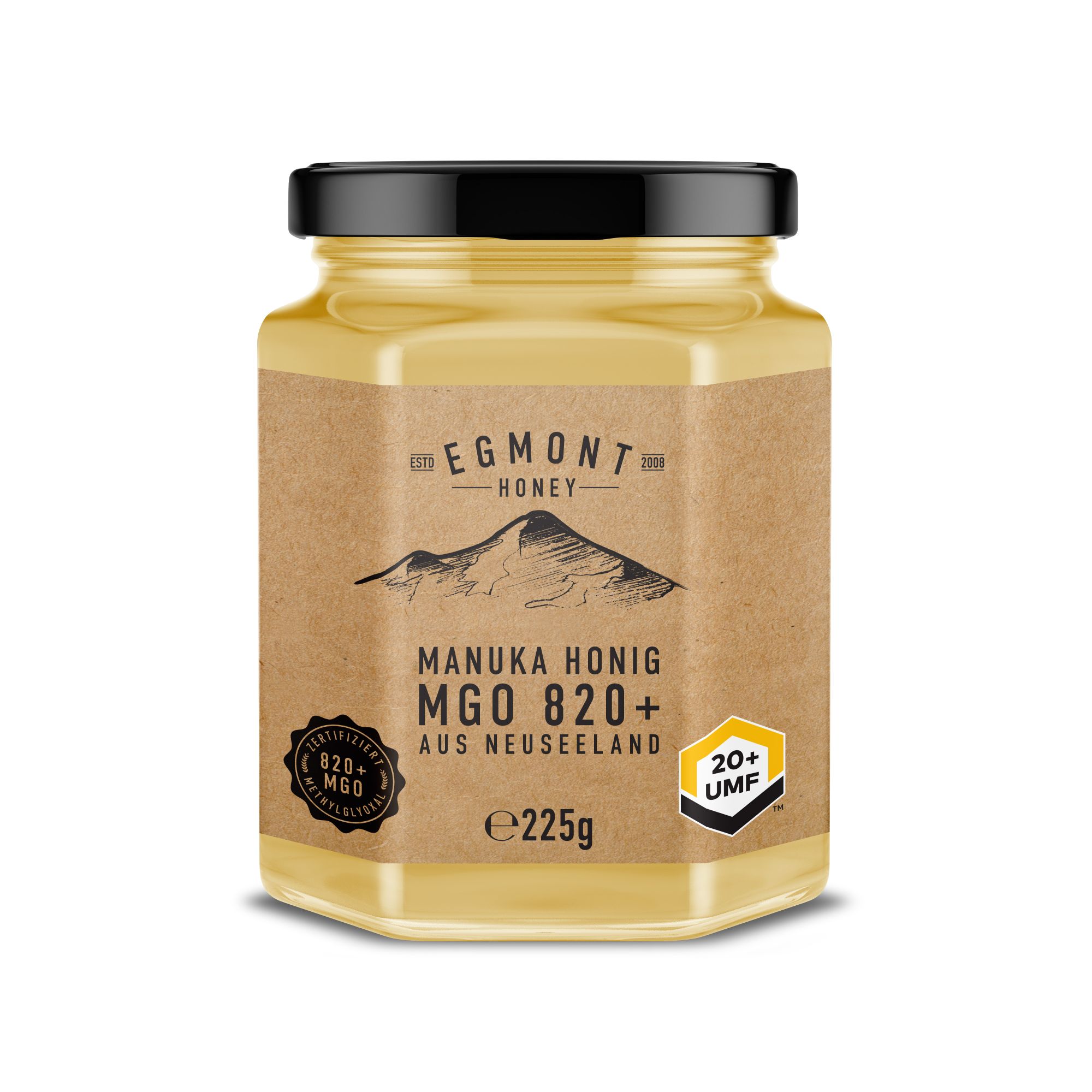 Egmont_Paranuka_225gMGO_820_manuka_honig_front Egmont_Paranuka_225gMGO_820_manuka_honig_front, Essen, Senf, Glas, Schatz