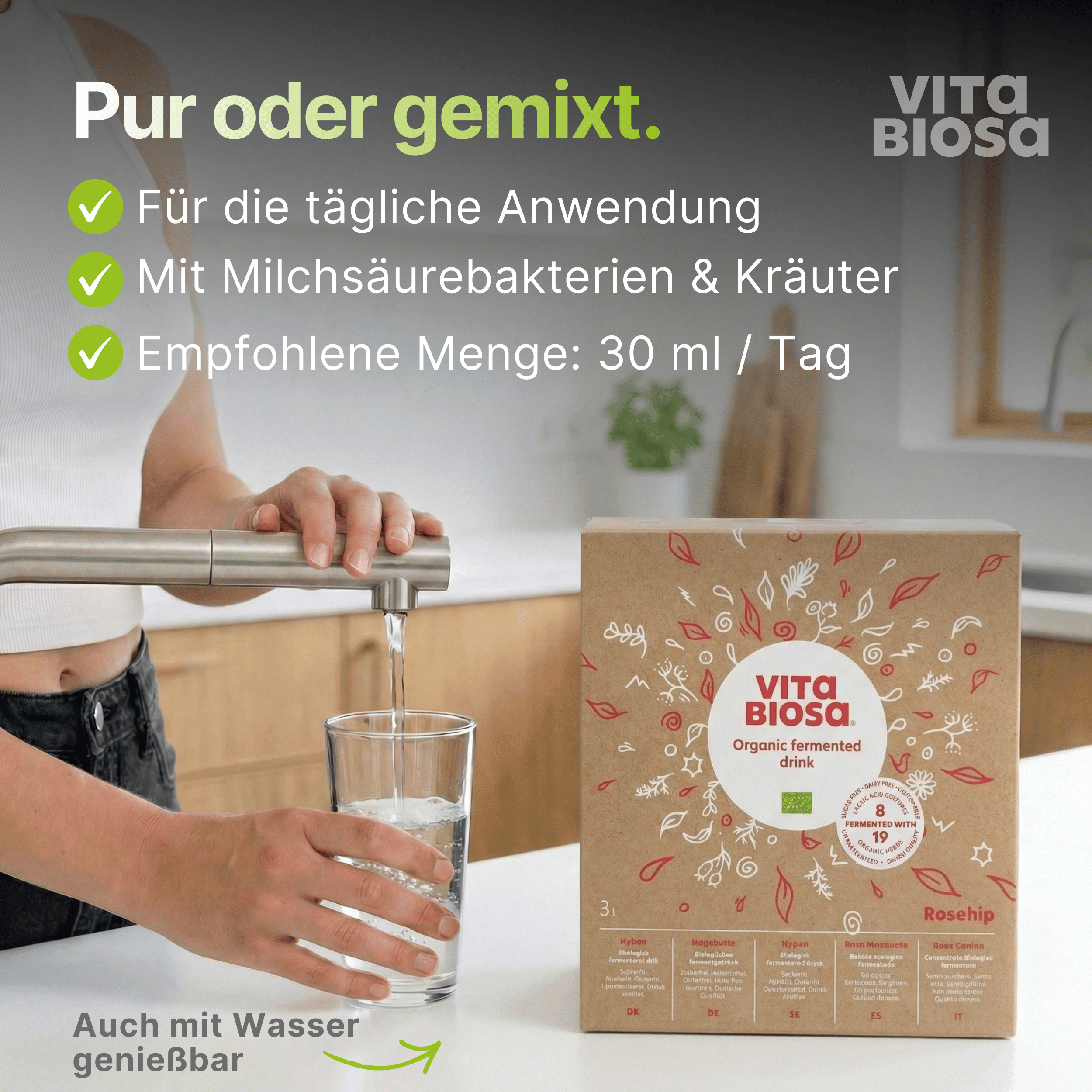 Vita_Biosa_Hagebutte_3L_Bag-in-Box_Milchsaeurebakterien_kaufen_Anwendung, organisch fermentiertes Getränk, Flasche, Verpackungskarton, Glas, Wasserkonsum