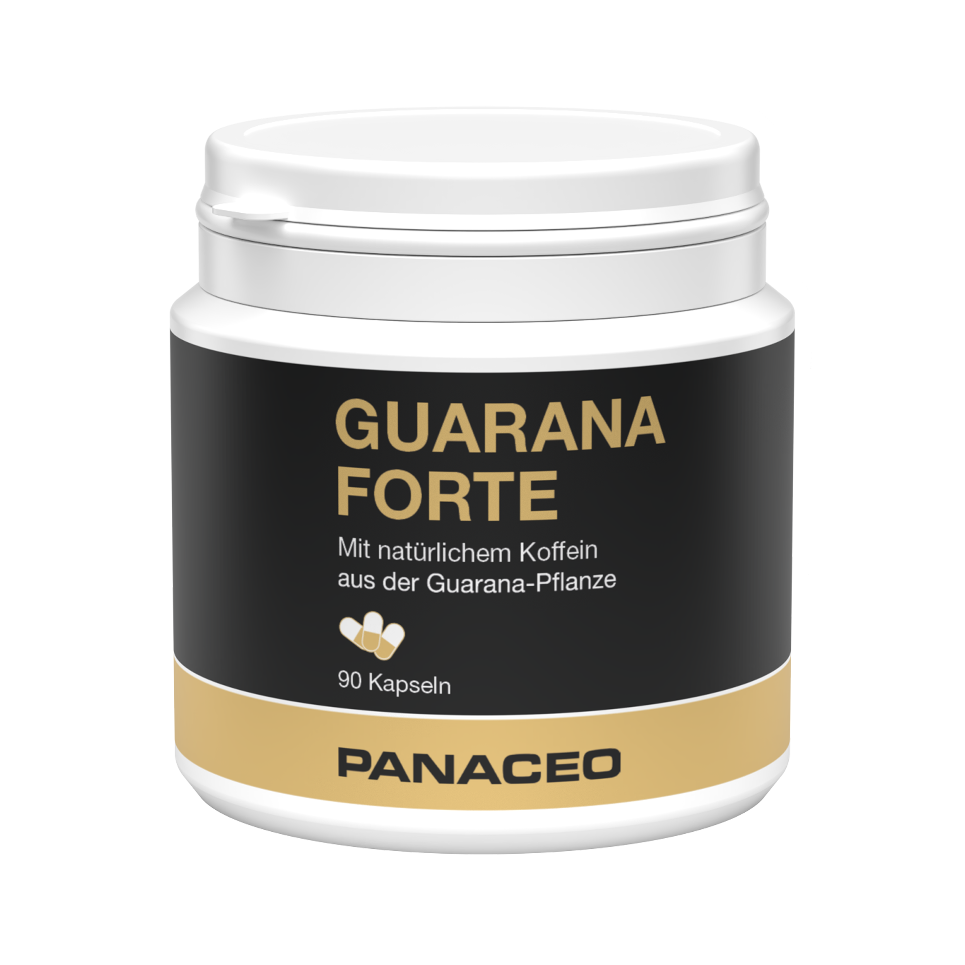 Panaceo_Guarana_Kapseln_front, Flasche, Shaker, Glas