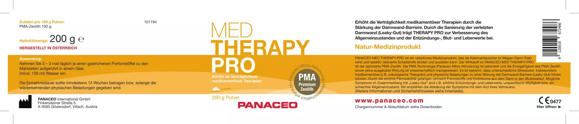 Zeolith_Pulver_kaufen_Panaceo_MED-THERAPY-PRO_Pulver_200g_Etikett_Seite1