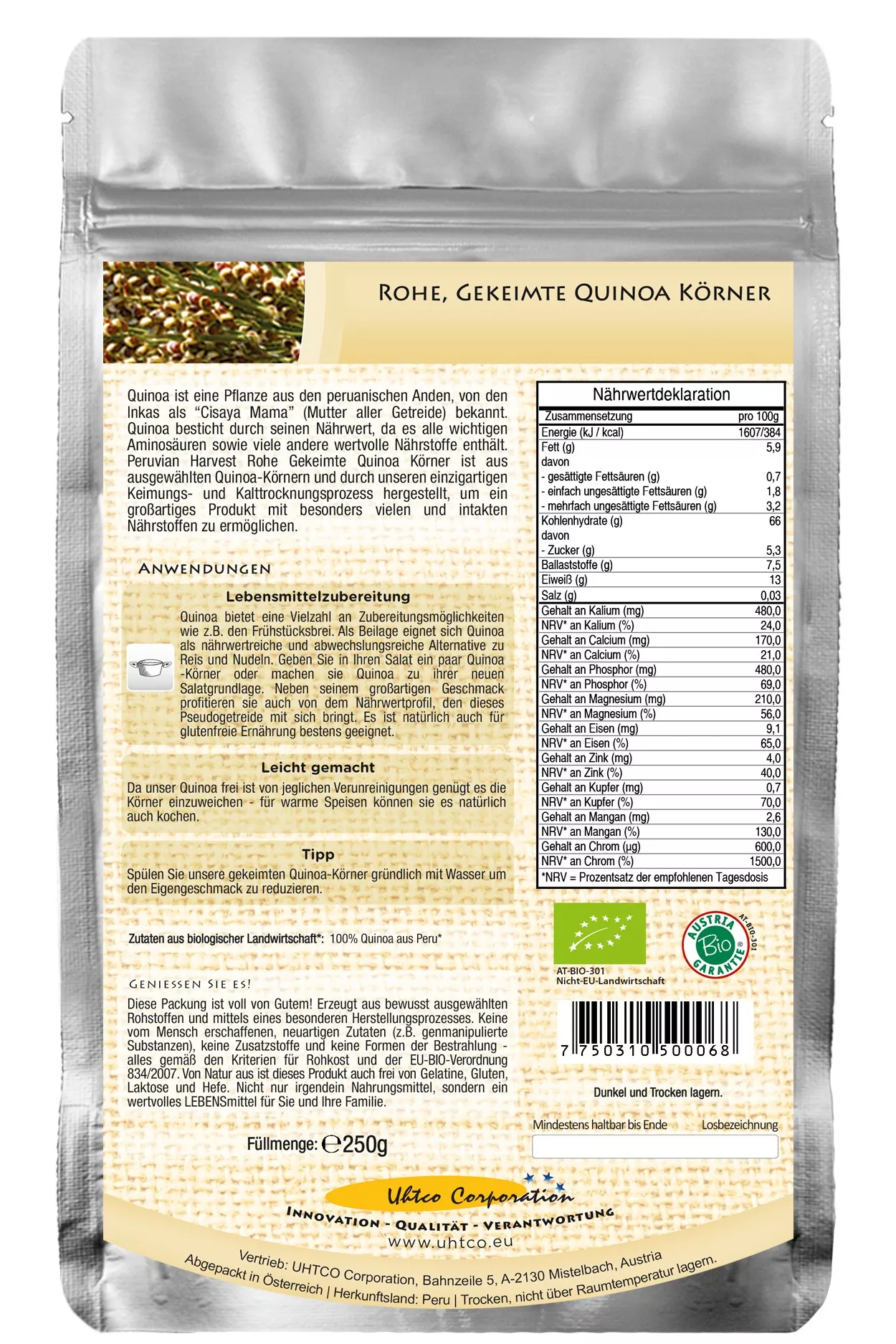 Quinoa Körner 250g roh & gekeimt, bio