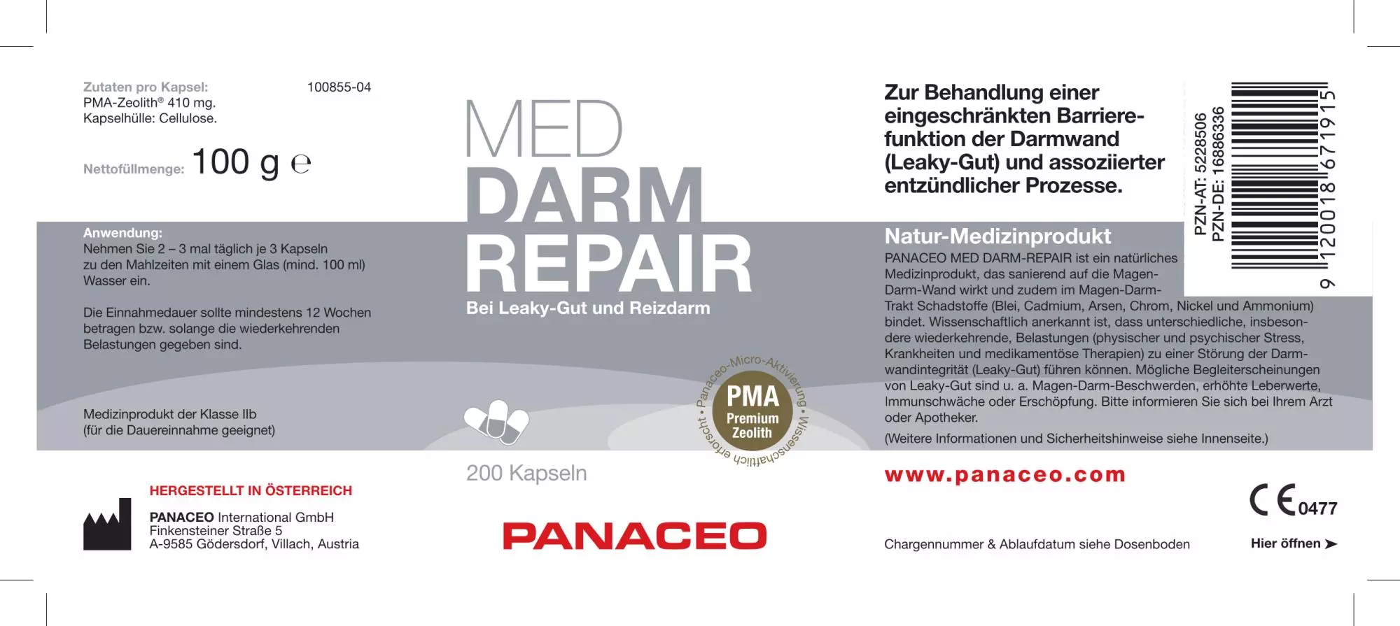 Zeolith_Pulver_Kaufen_Panaceo_MED_Darm_Repair_Kapseln_200_Etikett_Seite1
