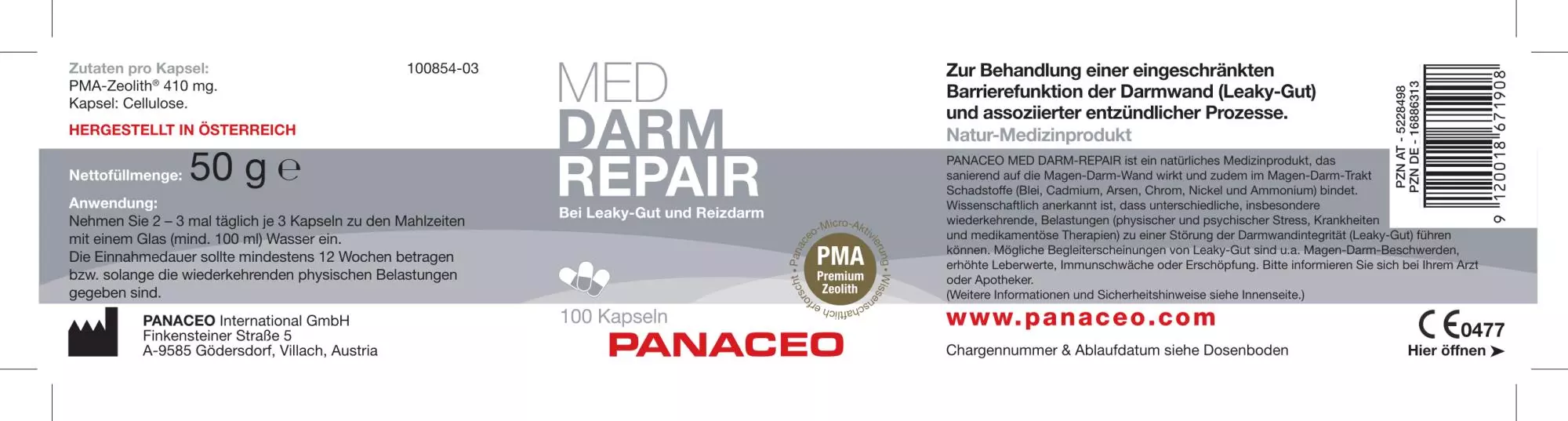 Zeolith_Pulver_Kaufen_PZN5228512_Panaceo_MED_Darm_Repair_Kapseln_100_Etikett_Seite1
