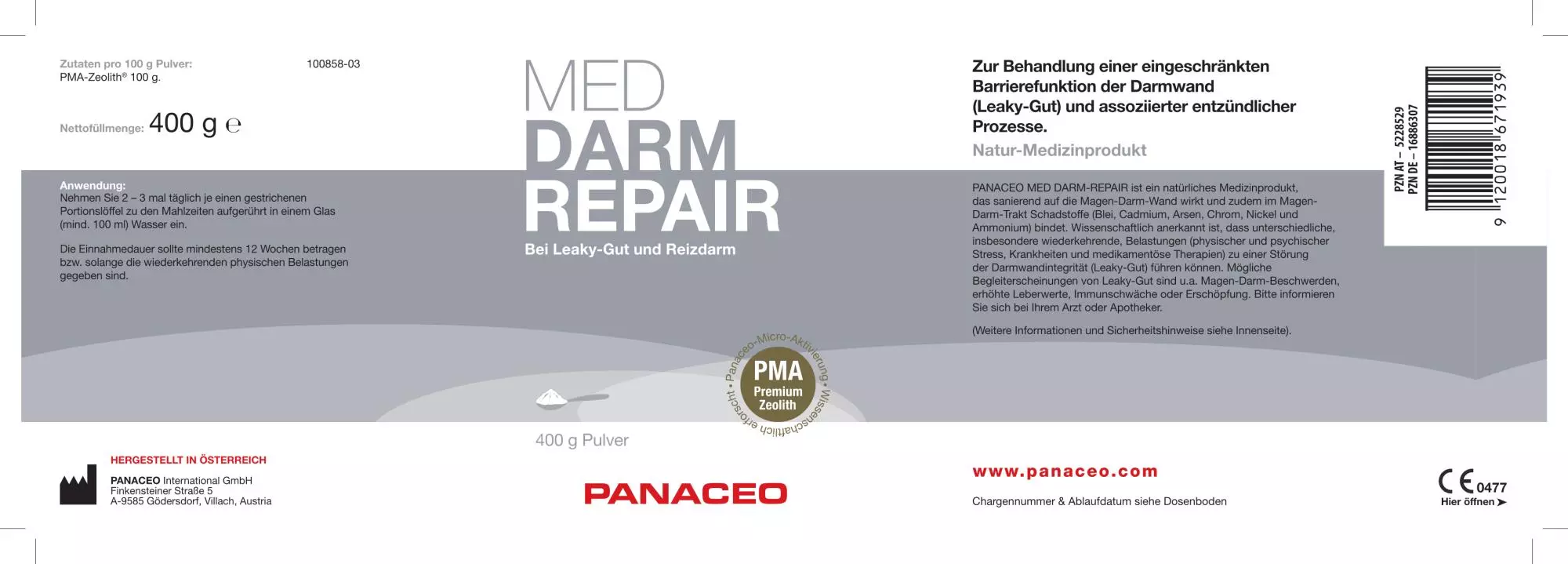 Zeolith_Pulver_Kaufen_Panaceo_MED_Darm_Repair_Pulver_400g_Etikett_Seite1